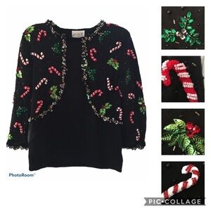 Vintage Beaded  "Ugly" Candy Cane and Holly Christmas Sweater by Just B Size M